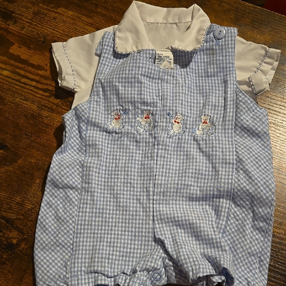 Vintage 90s Teddy Bear Plaid Overalls 3-6 Months